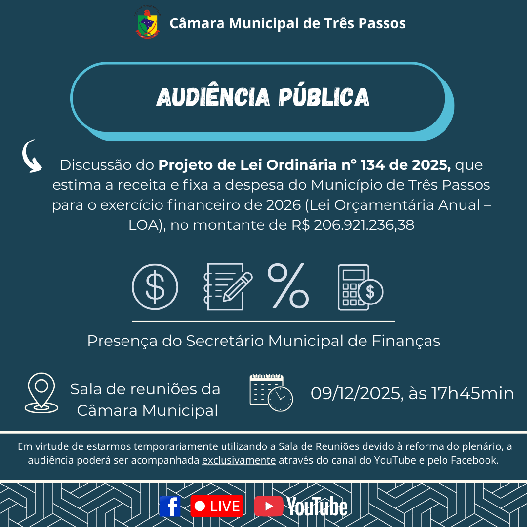 AUDIÊNCIA PÚBLICA PARA DISCUSSÃO DO PROJETO DE LEI Nº 134 DE 2025 - LOA
