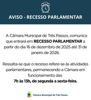 AVISO SOBRE O RECESSO PARLAMENTAR DE 16/12/25 A 31/01/26