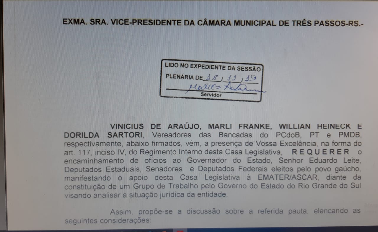 MANIFESTO DE APOIO DESTA CASA LEGISLATIVA À EMATER/ASCAR