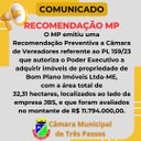 MP EMITE RECOMENDAÇÃO PREVENTIVA REFERENTE A COMPRA DE ÁREA DO PL 159/23