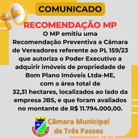 MP EMITE RECOMENDAÇÃO PREVENTIVA REFERENTE A COMPRA DE ÁREA DO PL 159/23