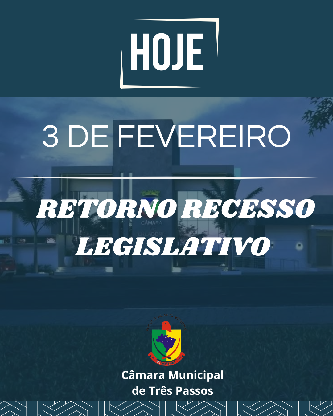 Nesta segunda-feira, 3 de fevereiro, a Câmara Municipal de Três Passos retorna do recesso legislativo. 
