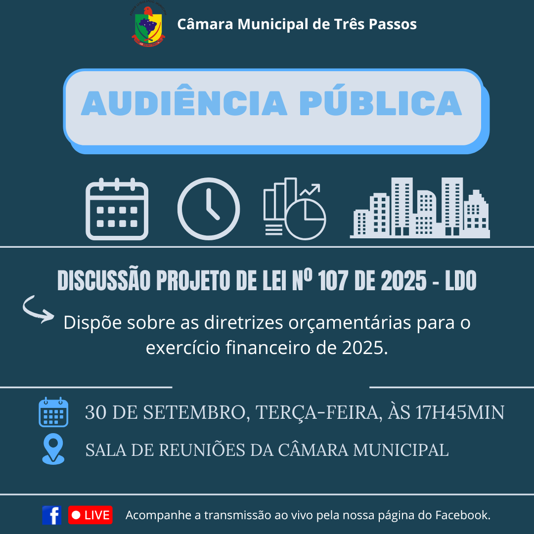 PARTICIPE DA AUDIÊNCIA PÚBLICA PARA DISCUSSÃO DO PROJETO DE LEI Nº 107/2025 - LDO