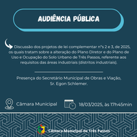 NO DIA 18/03/2025 SERÁ REALIZADA AUDIÊNCIA PÚBLICA PARA DISCUSSÃO DE DOIS PROJETOS DE LEI COMPLEMENTAR